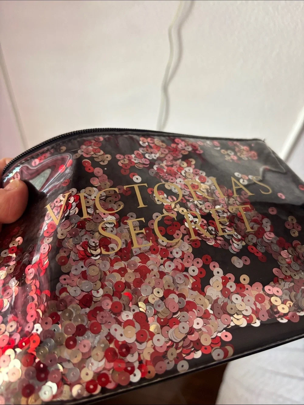 Victoria's Secret Black Sequin Cosmetic Pouch with Pink & Red Accents